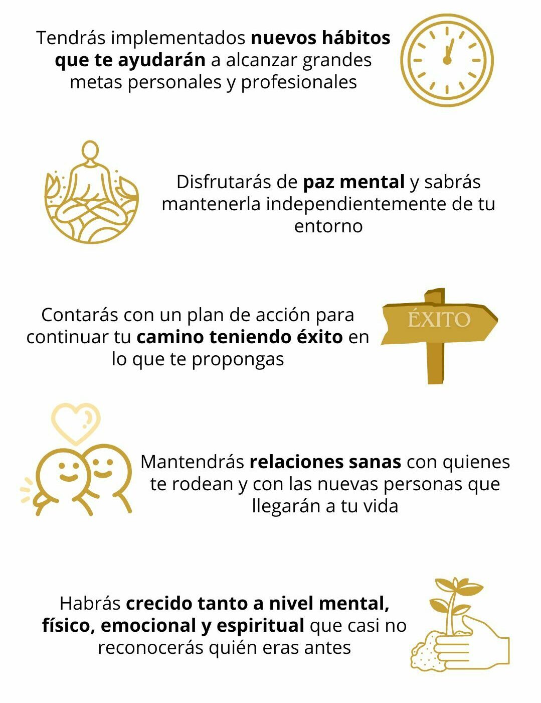 Tendrás implementados nuevos hábitos que te ayudarán a conseguir grandes metas personales y profesionales. Sentirás paz mental y sabrás conservarla independientemente de tu entorno. Dispondrás de un plan de acción para continuar tu camino teniendo éxito en lo que te propongas. Tendrás relaciones sanas con quienes te rodean y quienes llegarán a tu vida. Habrás crecido tanto a nivel mental, físico, emocional y espiritual que casi no reconocerás a quién eras antes.