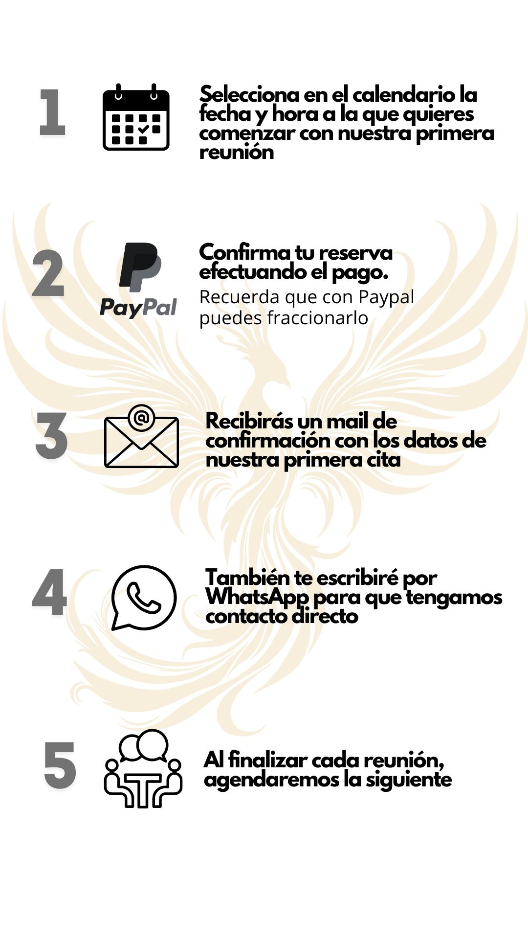 El proceso de reserva es fácil e intuitivo.

Reserva a través del botón de «Unirme al Programa Gracias Por Irte» la fecha y hora en la que quieres comenzar tu proceso con nuestra primera reunión.

Una vez seleccionada, te llevará a la página de pago para confirmar tu reserva. Recuerda que a través de Paypal, puedes fraccionar tu pago en cómodas cuotas.

Cuando esté efectuado el pago, recibirás un mail de confirmación con nuestra primera cita, así como me pondré en contacto contigo para que tengamos contacto directo a través de Whatsapp.

A partir de esta primera cita, el proceso durará dos meses, reuniéndonos semanalmente. Al finalizar cada reunión, agendaremos la siguiente.