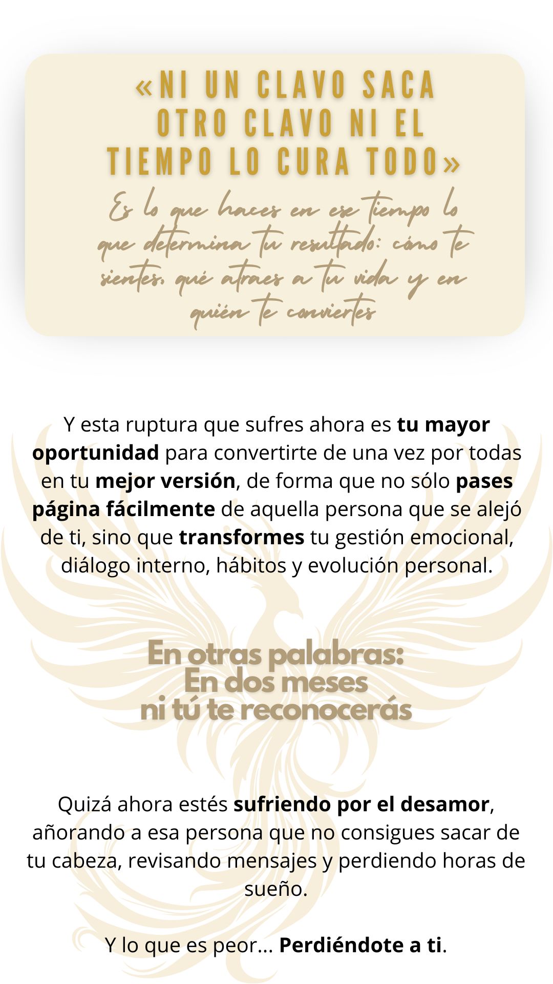 Ni un clavo saca a otro clavo, ni el tiempo lo cura todo.

Es lo que haces en el proceso lo que determina tu resultado: cómo te sientes, qué atraes a tu vida y en quién te conviertes.

Por eso esta ruptura que sufres ahora es tu mayor oportunidad para convertirte de una vez por todas en tu mejor versión,  de forma que no sólo pases página fácilmente de aquella persona que se alejó de ti, sino que transformes tu gestión emocional, diálogo interno, hábitos y evolución personal.

En otras palabras: en 2 meses ni tú te reconocerás.

Quizá ahora estés sufriendo por el desamor, añorando a esa persona que no consigues sacar de tu cabeza, revisando mensajes y perdiendo horas de sueño...

Y lo que es peor... Perdiéndote a ti.